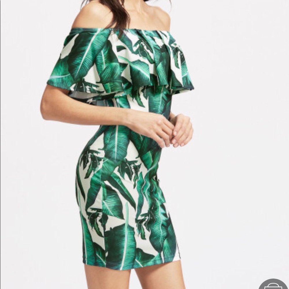 Green Tropical off the Shoulder Bodycon Dress-S